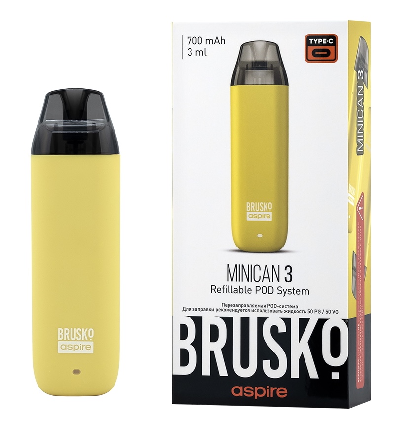 Перезаправляемая Под-Система Бруско Миникан 3 (Brusko Minican 3) 700 mah, Жёлтый