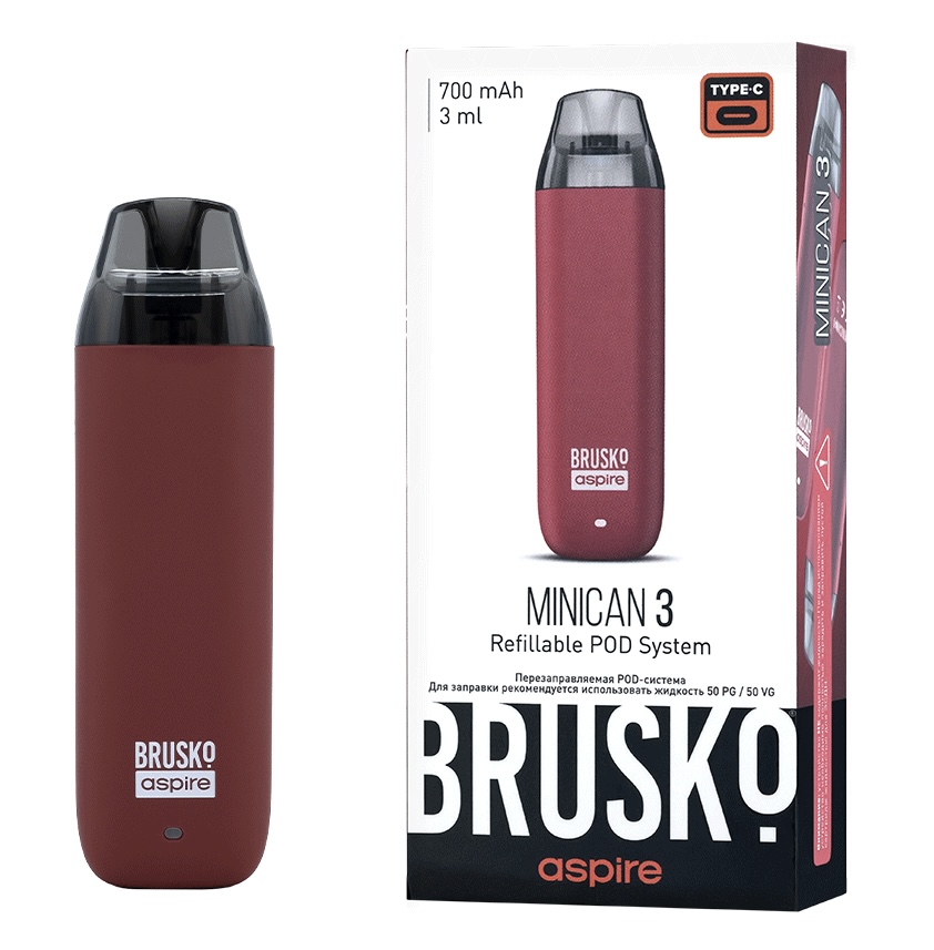 Перезаправляемая Под-Система Бруско Миникан 3 (Brusko Minican 3) 700 mah, Тёмно Красный
