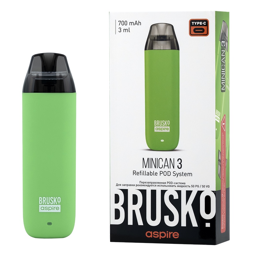 Перезаправляемая Под-Система Бруско Миникан 3 (Brusko Minican 3) 700 mah, Светло Зелёный