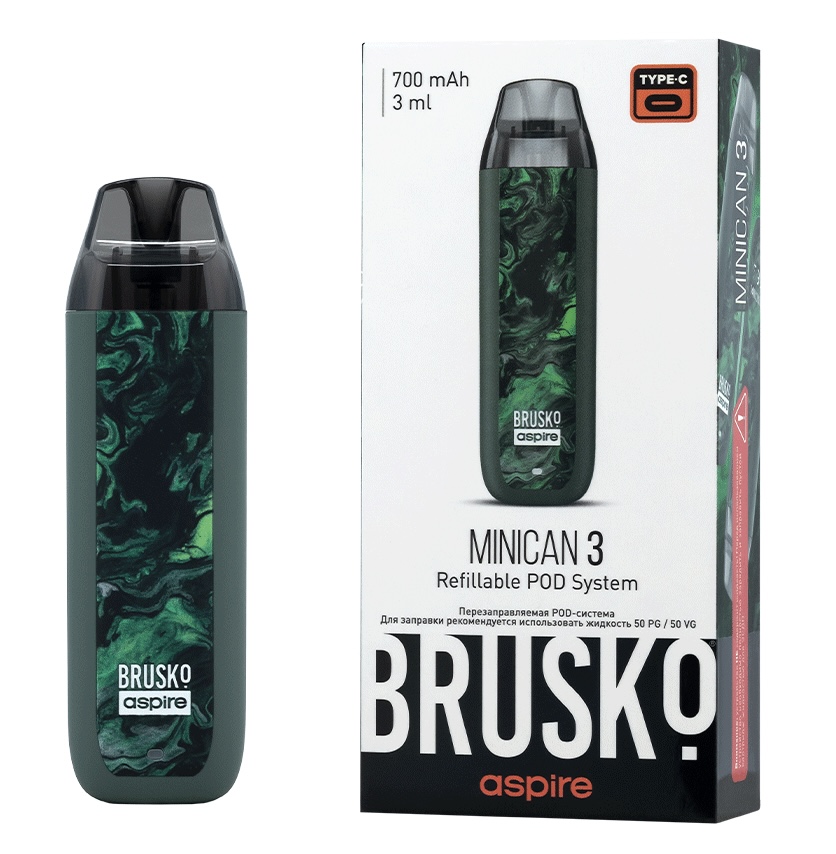 Перезаправляемая Под-Система Бруско Миникан 3 (Brusko Minican 3) 700 mah, Тёмно Зелёный Флюид